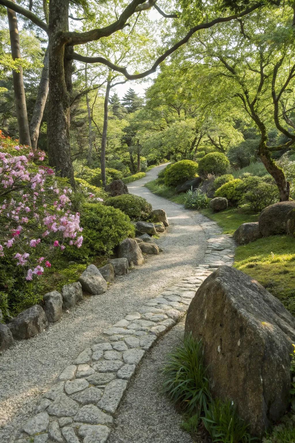 A gravel path enhanced with natural stones.