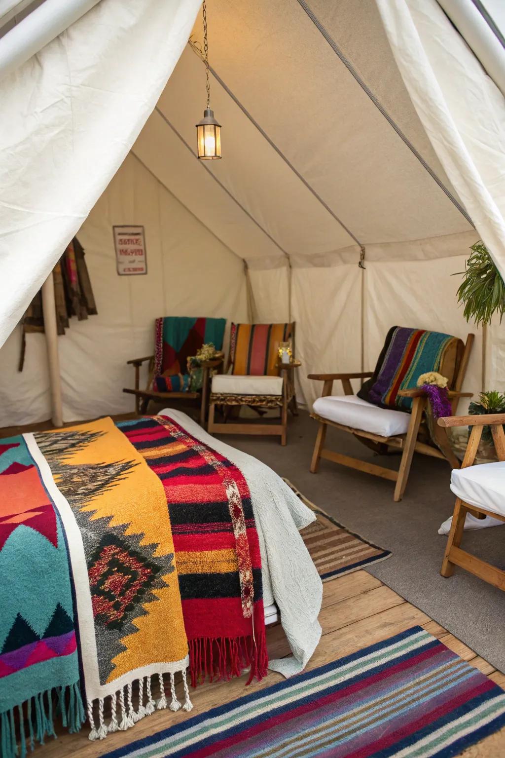 Colorful throws bring a lively flair to this wall tent interior.
