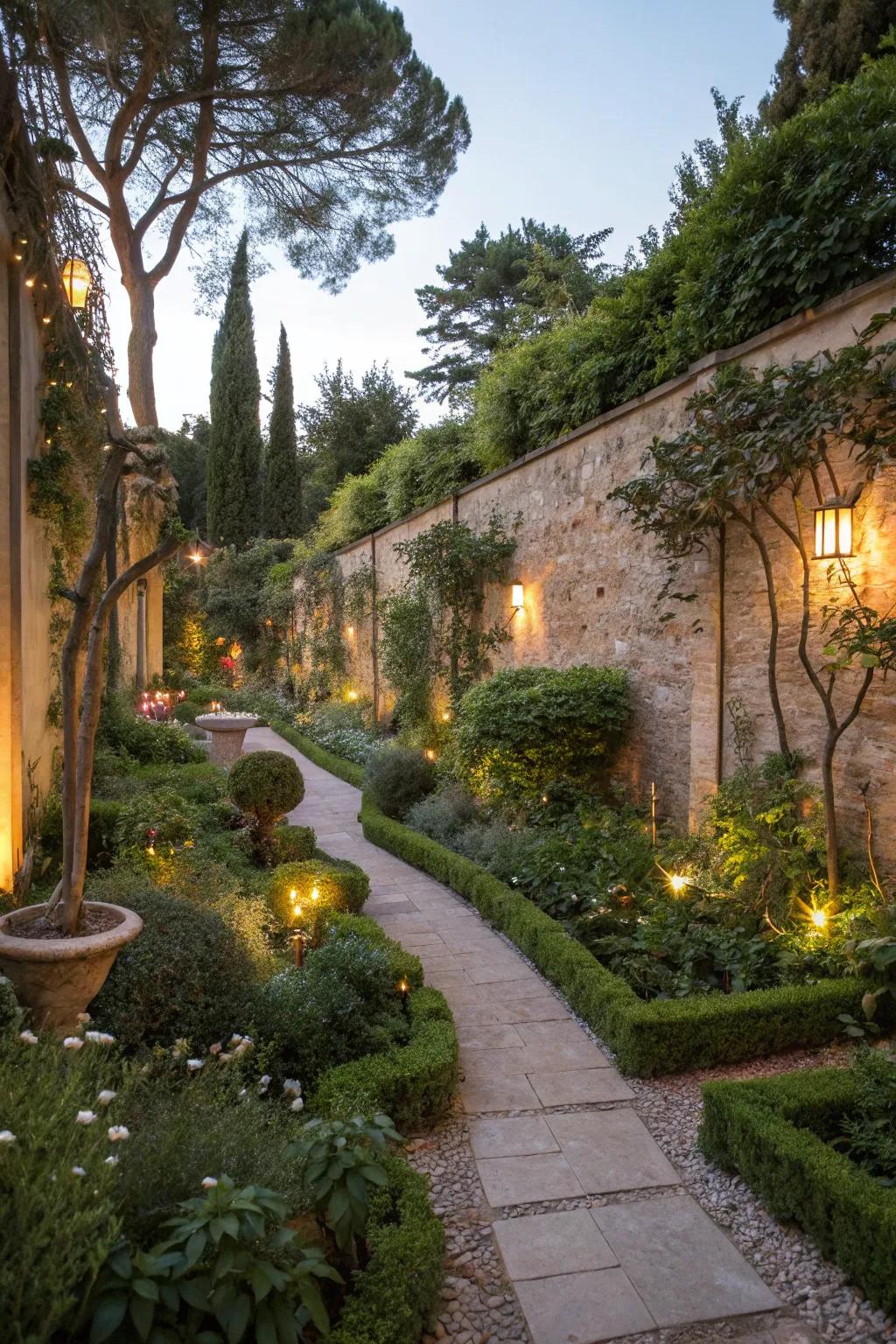 Soft lighting enhancing the garden's evening charm.
