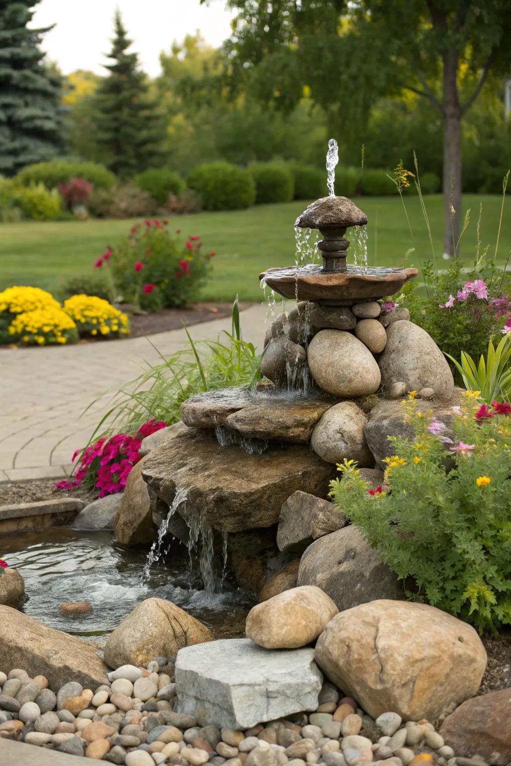 A multi-textured rock fountain brings depth and intrigue to your garden.