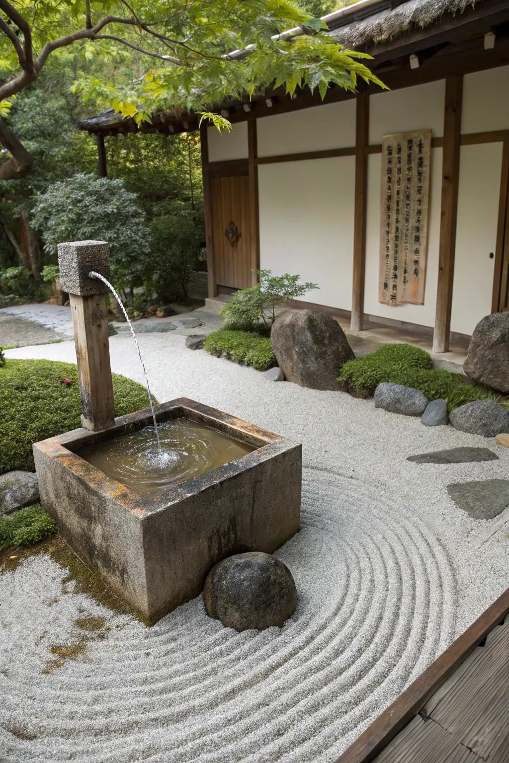 A Zen-inspired trough fountain for peaceful gardens.
