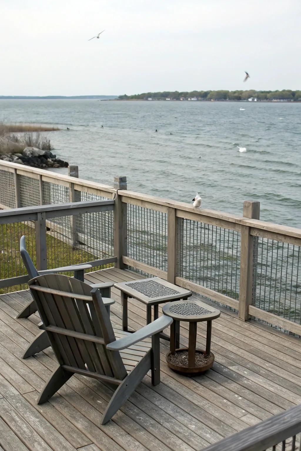 Integrated seating in the fence provides a perfect spot to relax by the water.