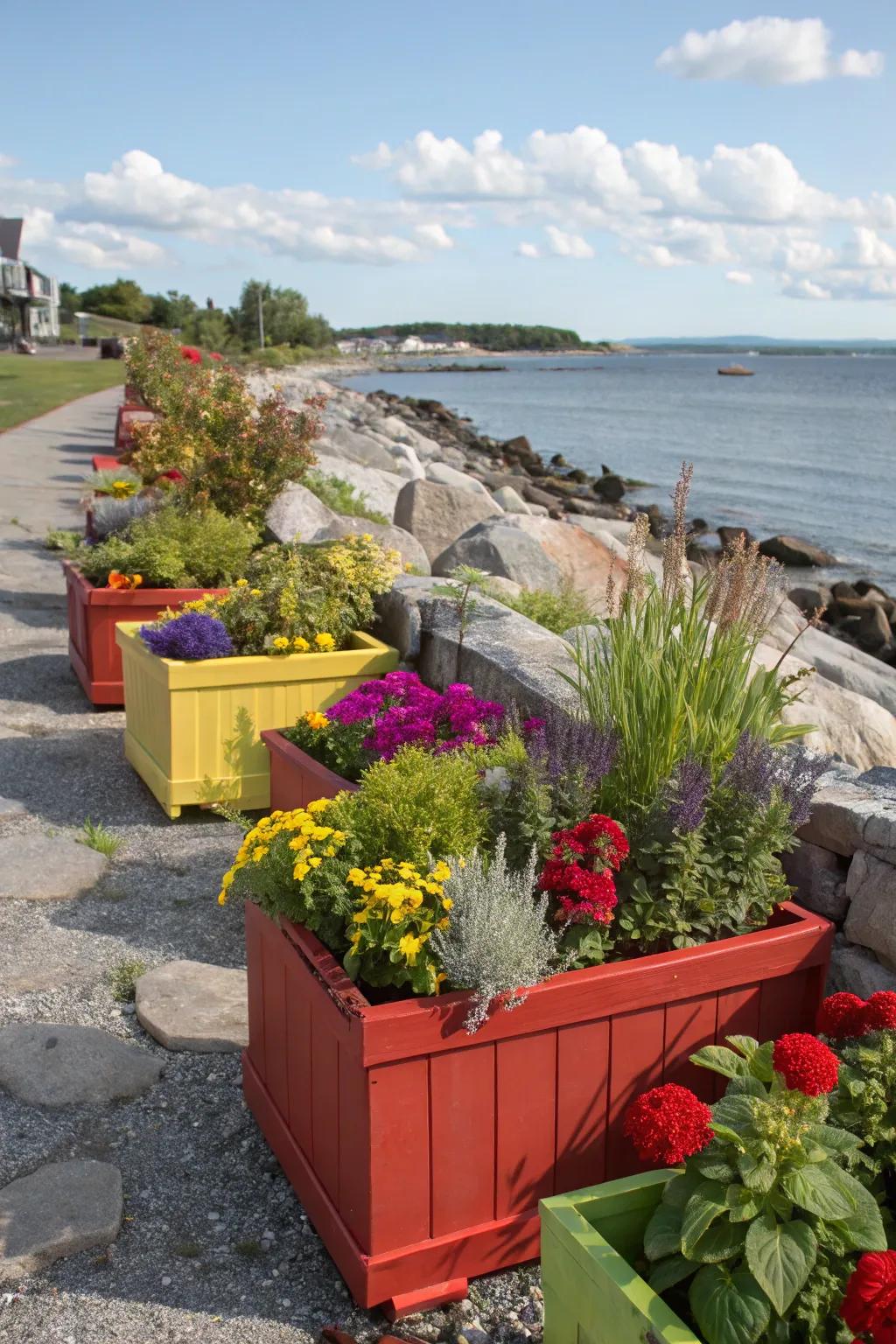 Colorful container gardens bringing life to a rocky shore.