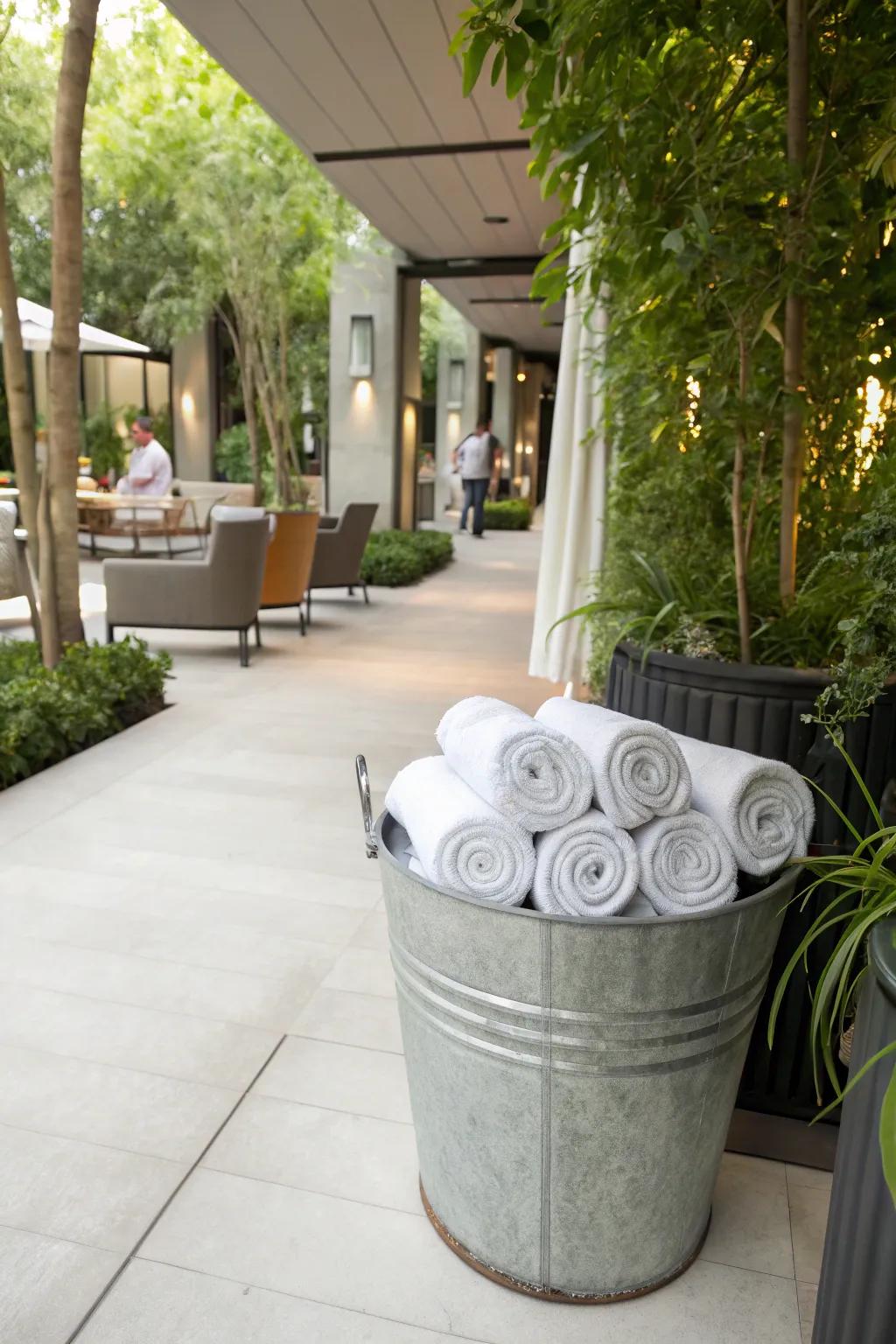 Industrial-style towel storage with a galvanized bin.