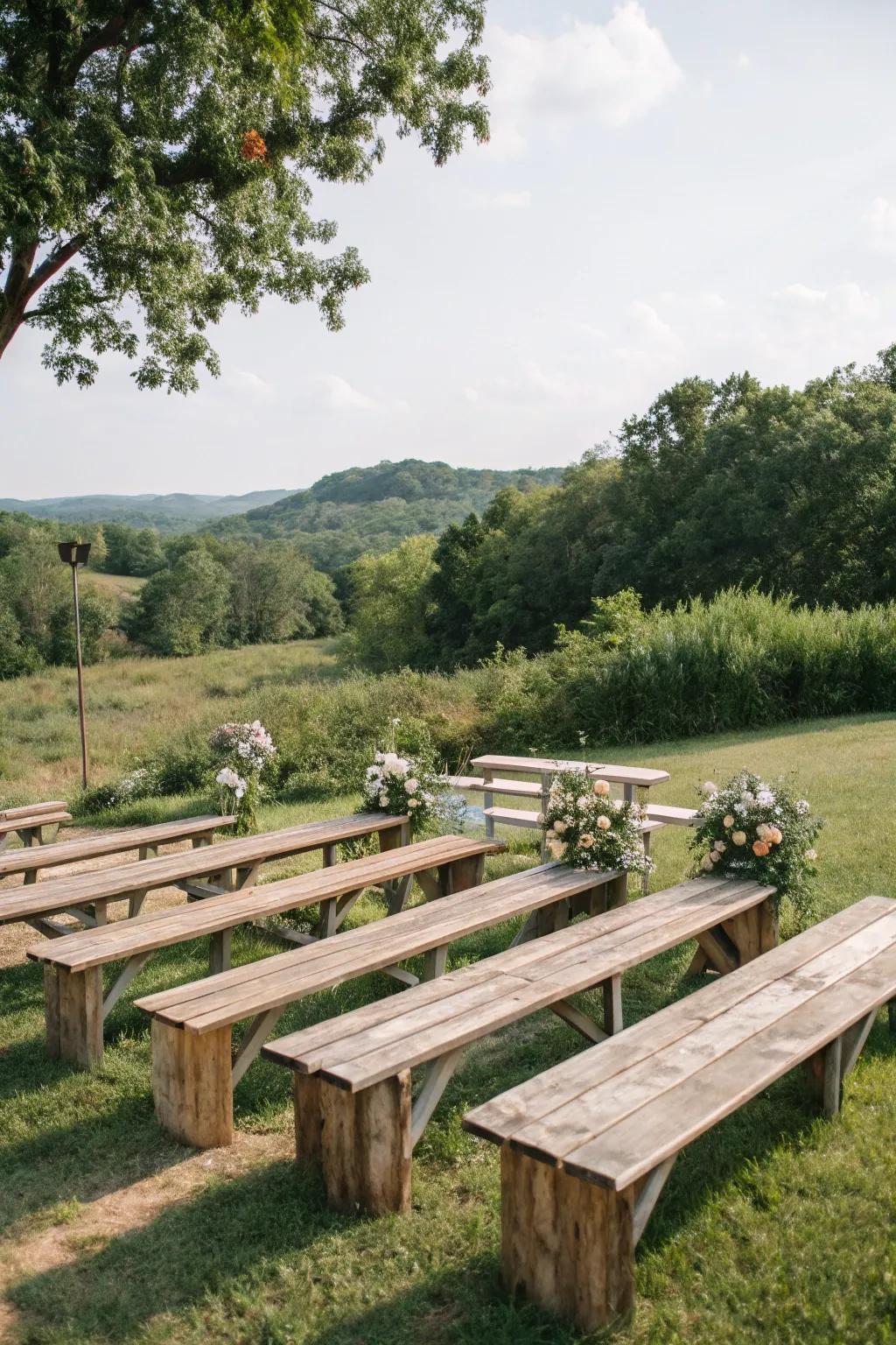 Eco-friendly benches crafted from reclaimed wood.