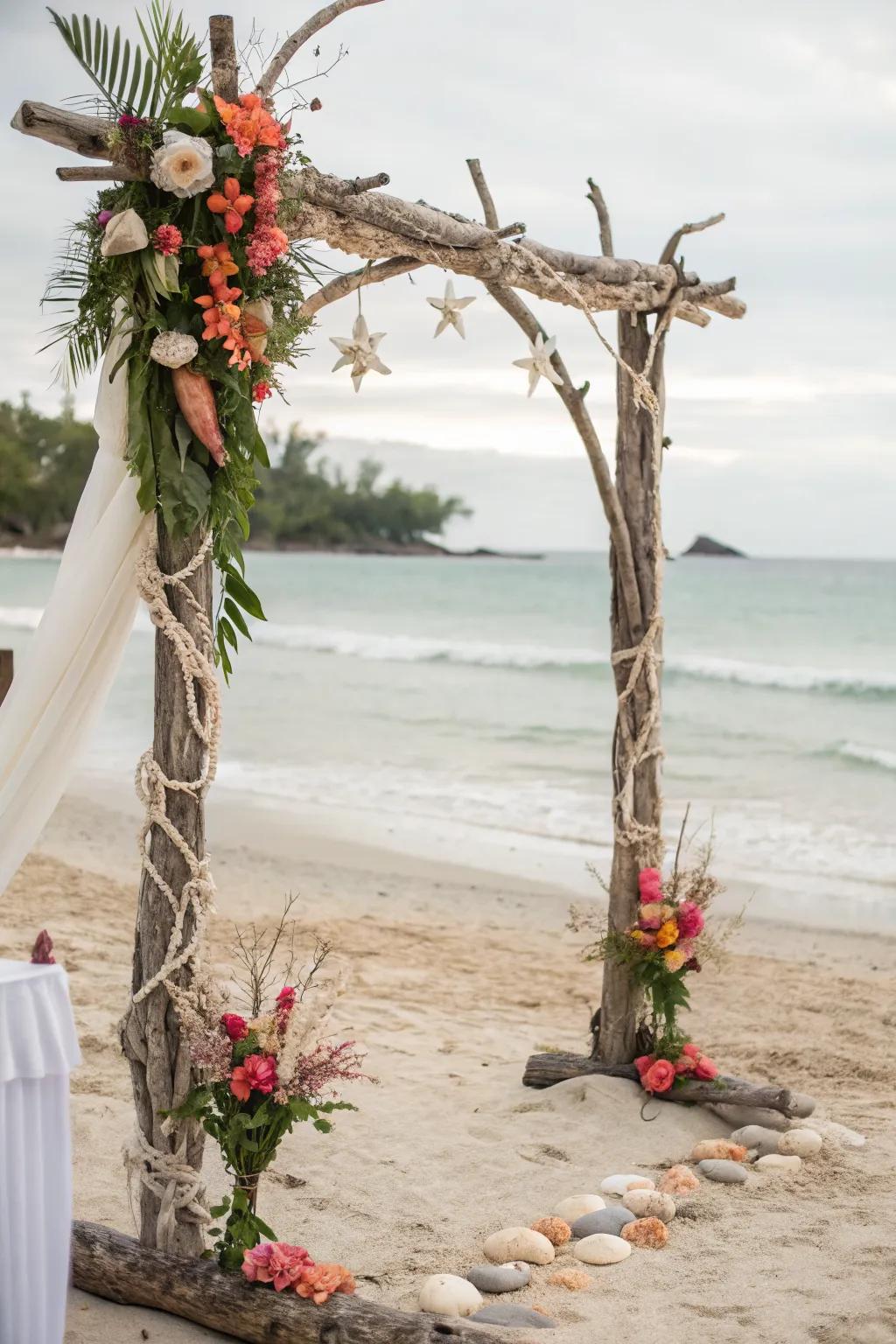 A beachy arch capturing the essence of the sea with natural elements and tropical flora.