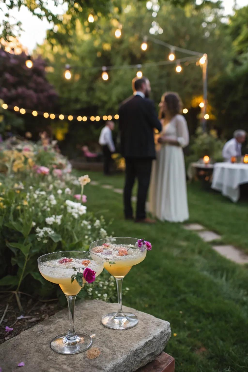 Refreshing cocktails garnished with edible flowers.