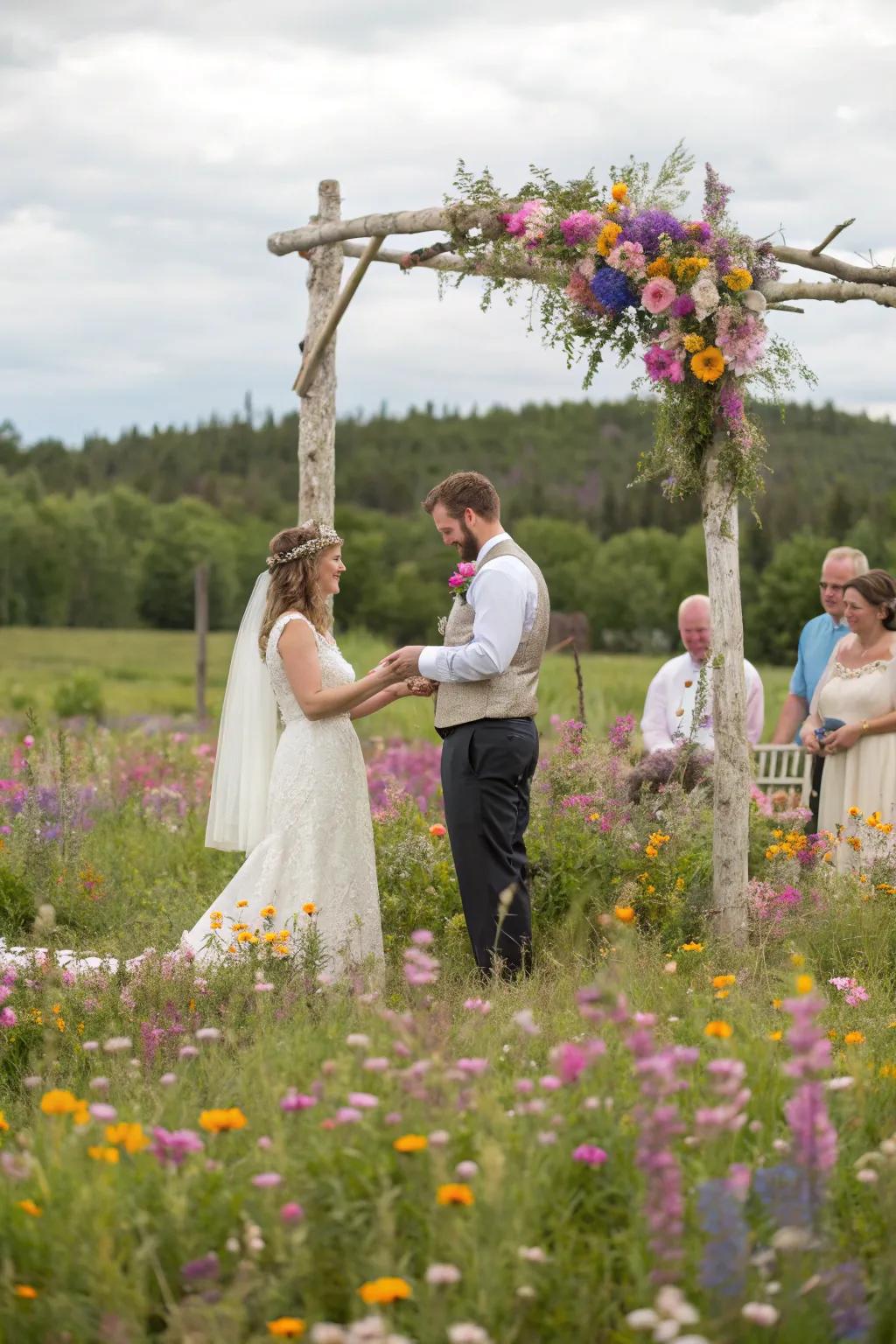 A wildflower meadow wedding with vibrant blooms