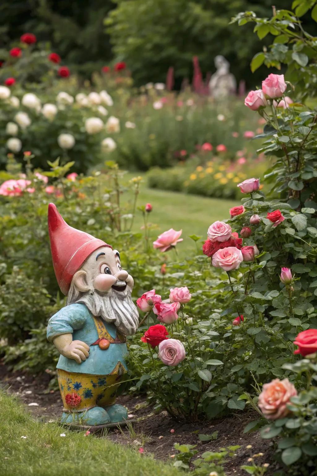 A quirky metal gnome adds whimsical charm.