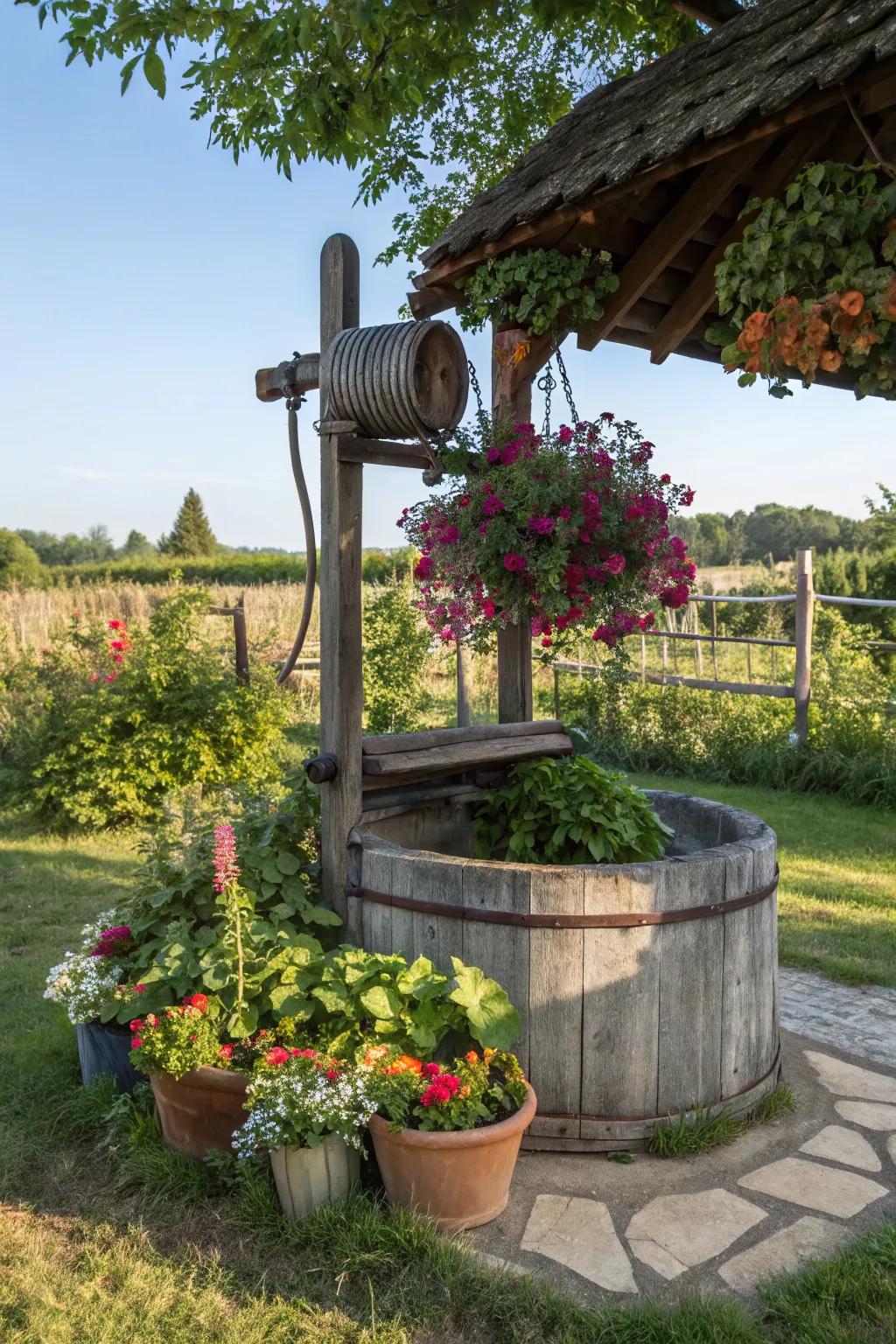 A vertical garden well adds dimension and lushness to the garden.