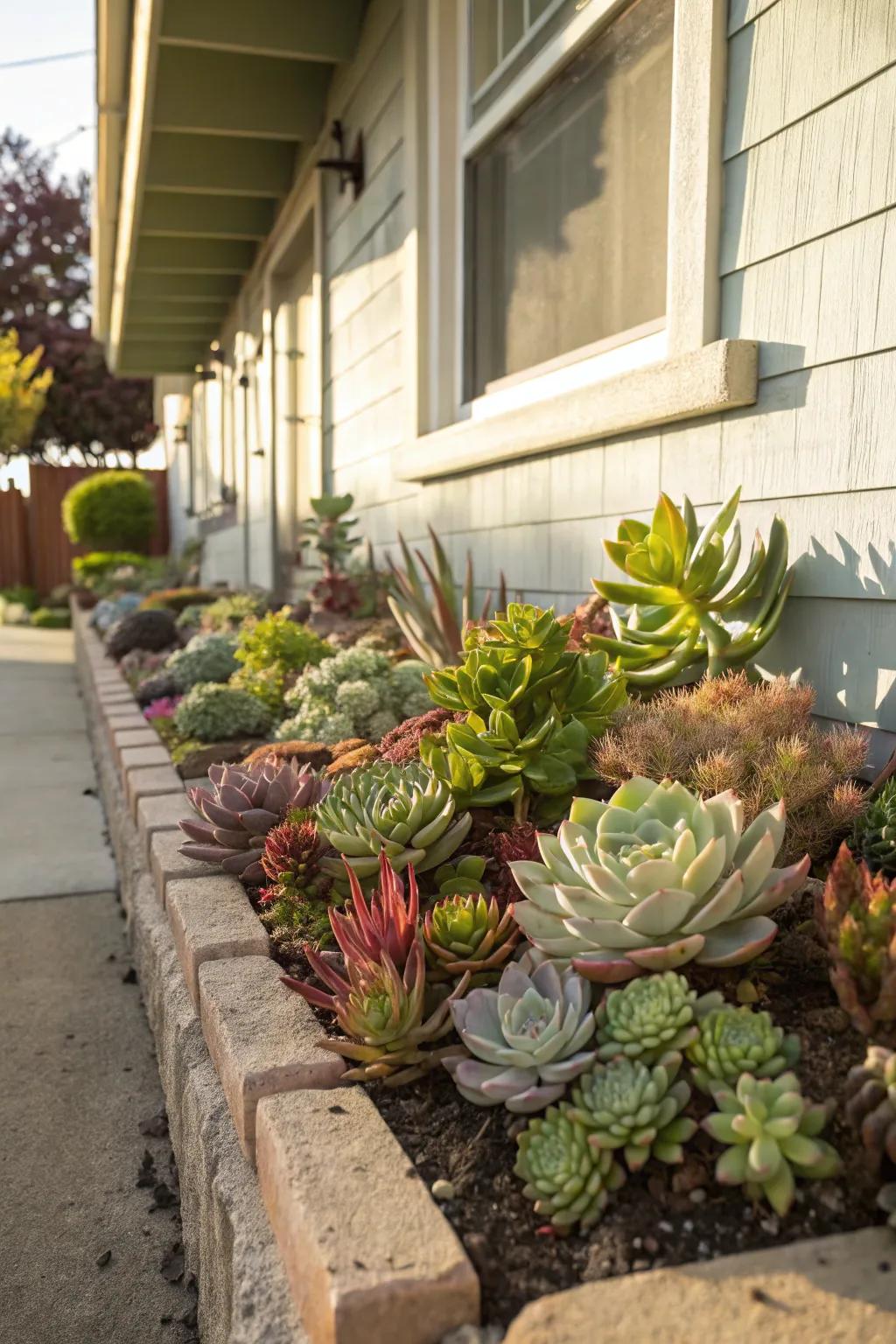Succulents offer a modern and drought-tolerant foundation planting.