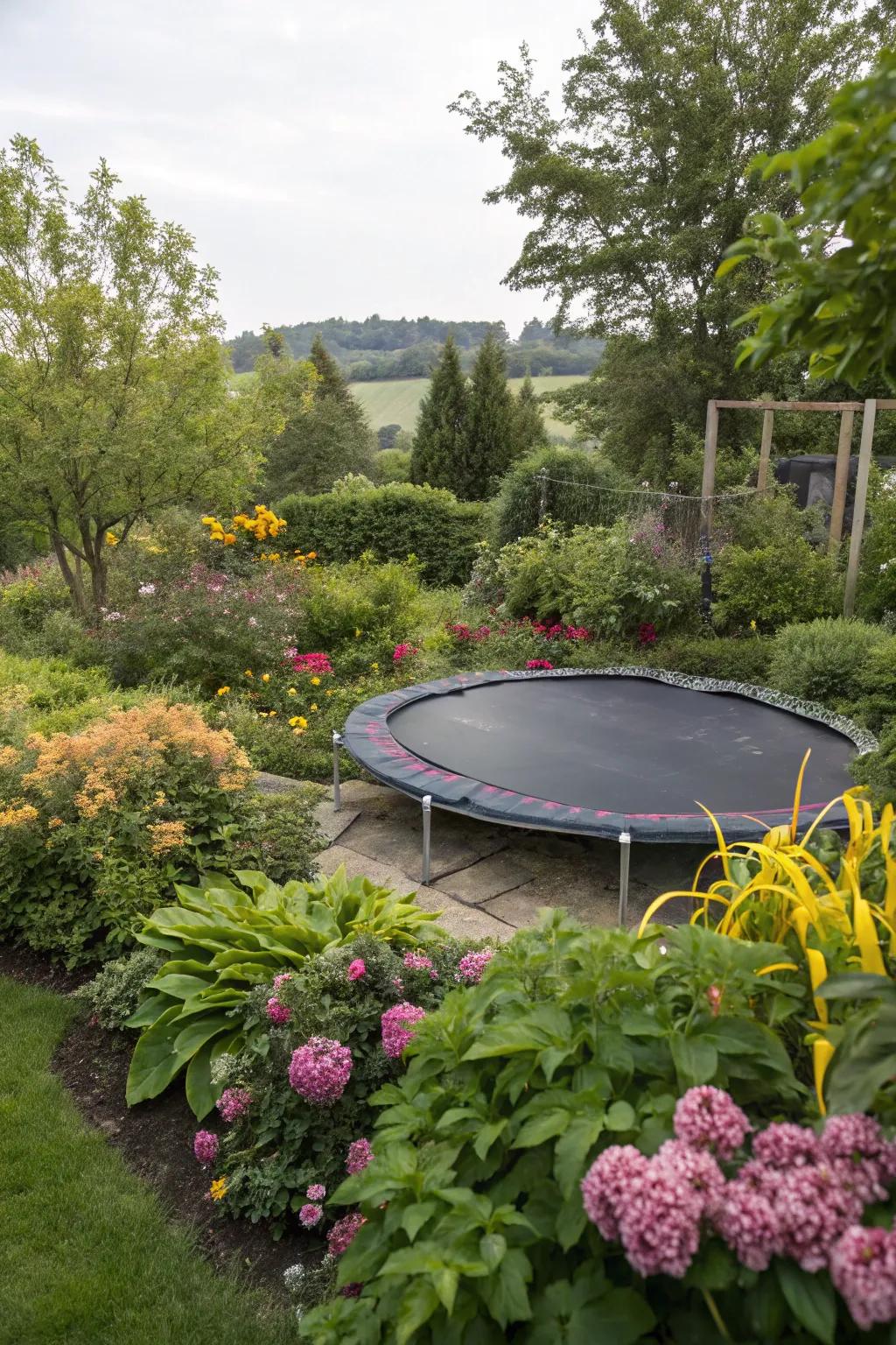 Plant arrangements bring color and life to the trampoline space.