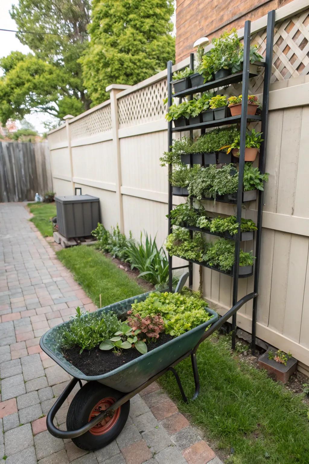 A vertical garden in a wheelbarrow maximizes space elegantly.