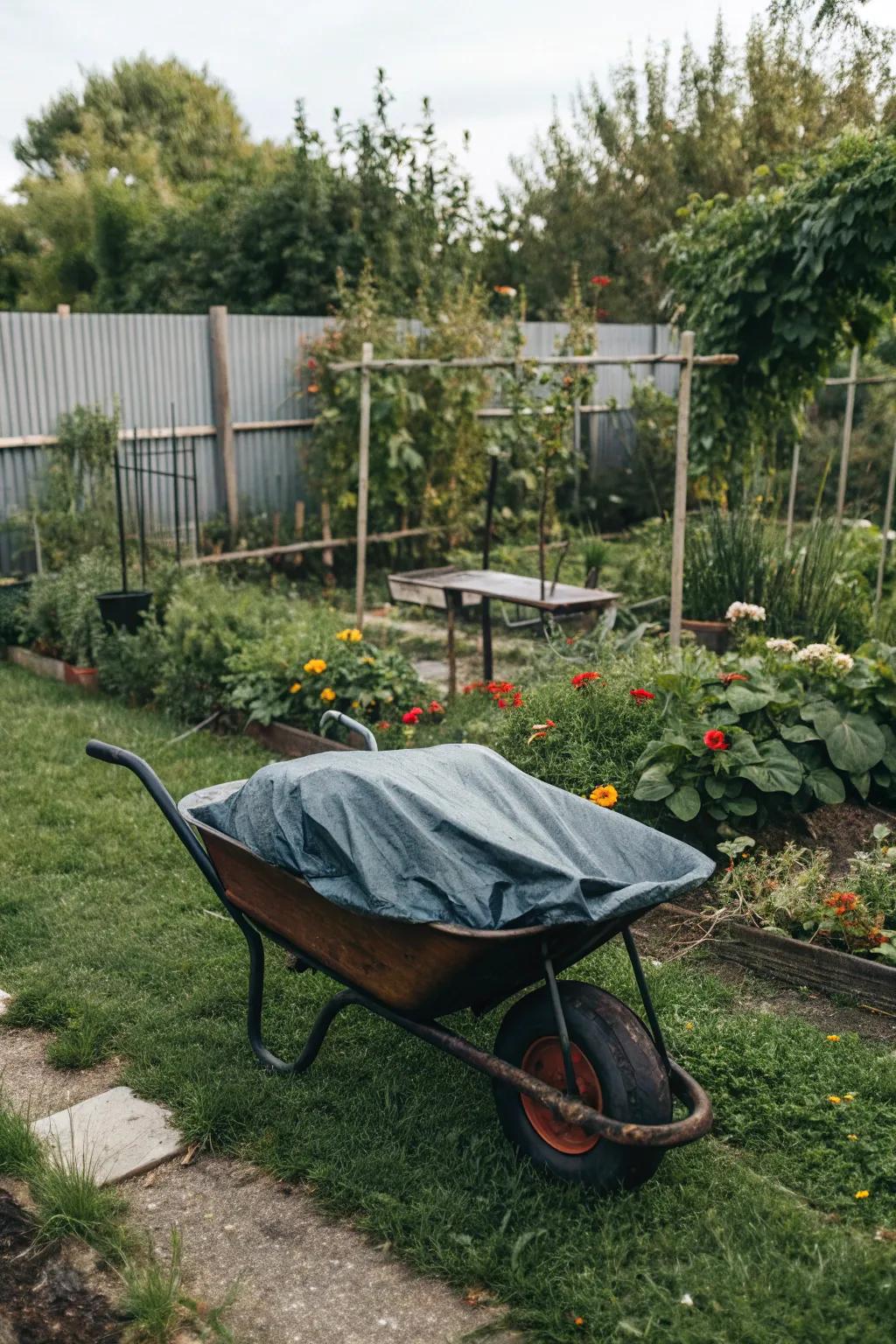 A tarp provides essential protection for outdoor wheelbarrow storage.
