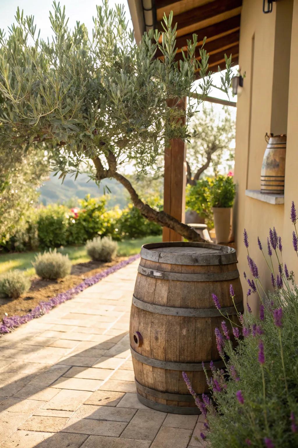 Embrace Mediterranean charm with olive and lavender in a whiskey barrel.