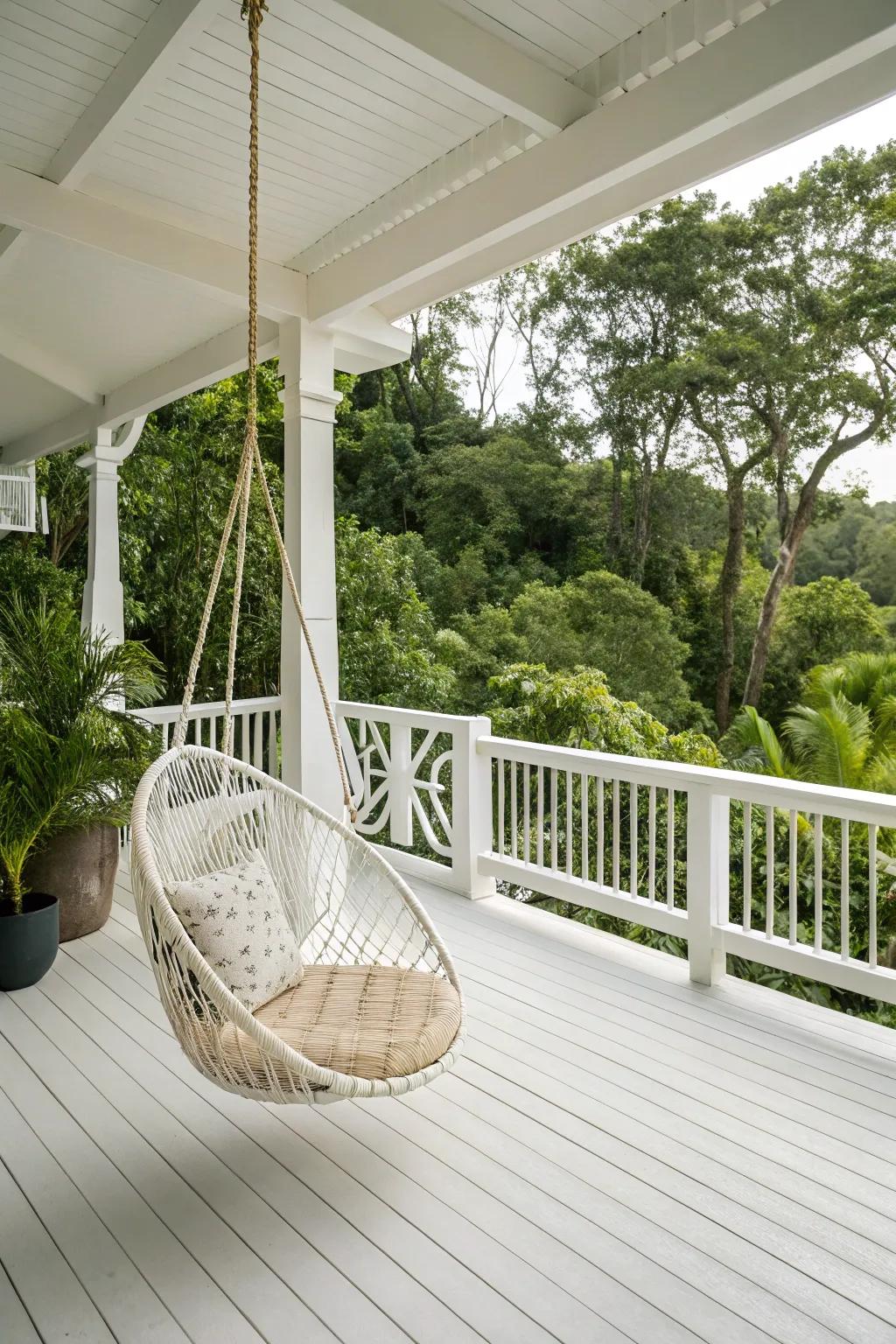 A hanging swing adds a playful element.