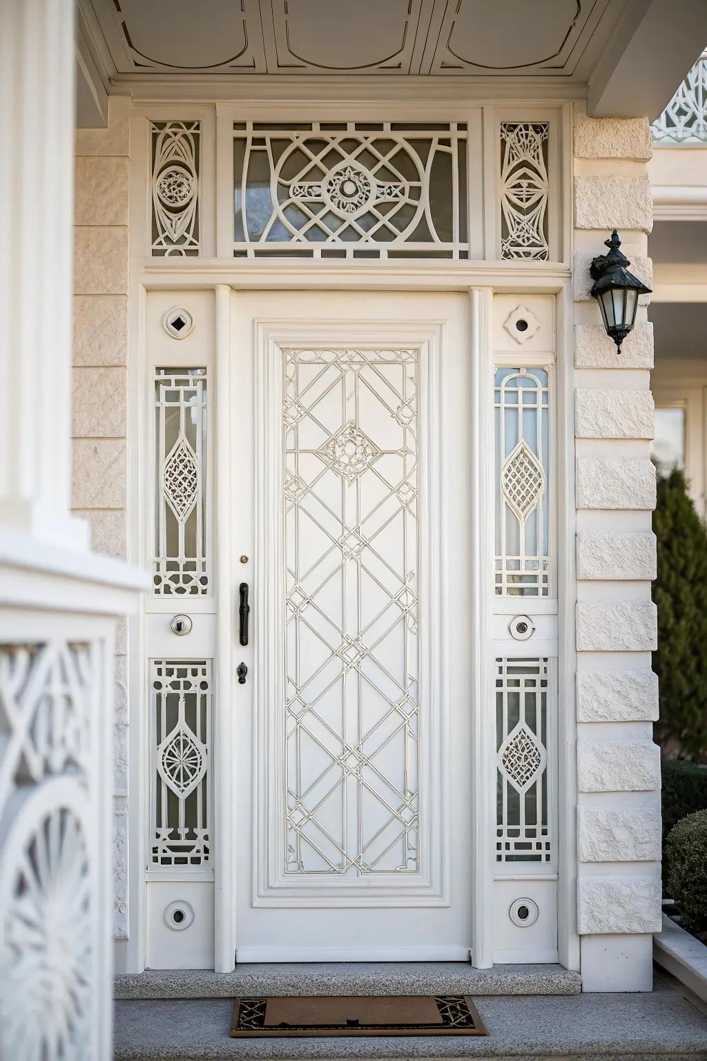 Geometric patterns add a modern touch to a white door.