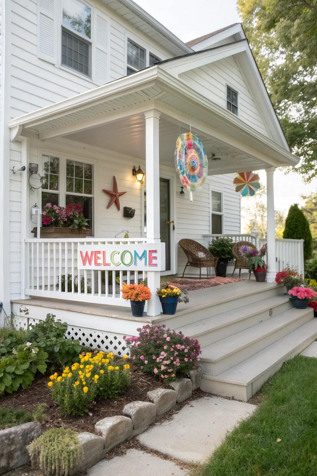Whimsical elements add personality and charm to a porch.