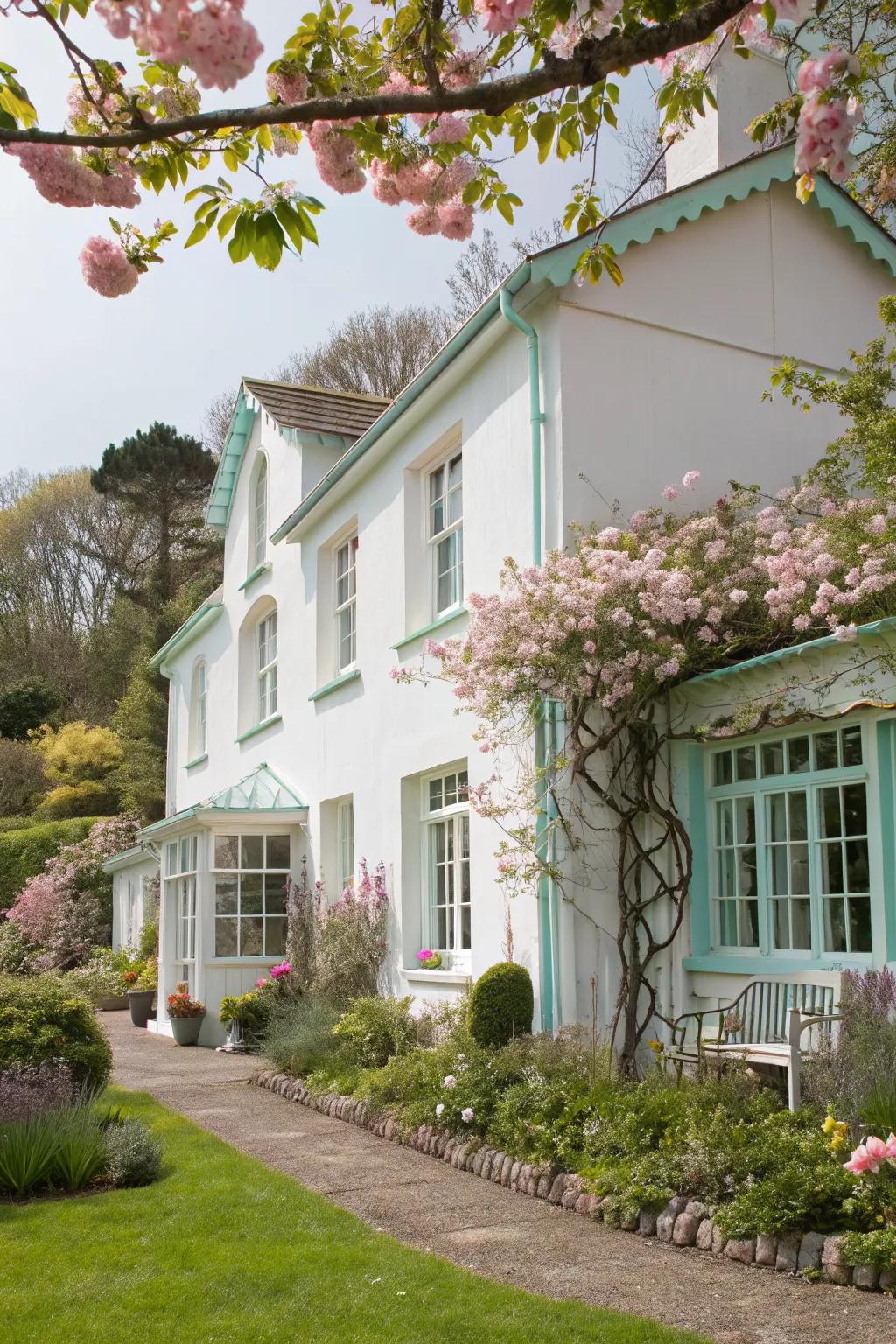 Pastel accents add a gentle touch to a white-painted home.