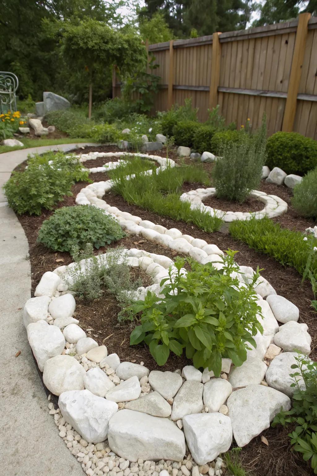 A white rock herb spiral offering beauty and utility.