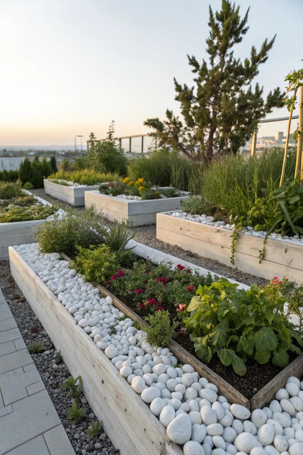 Elevate your raised beds with a clean white rock border.