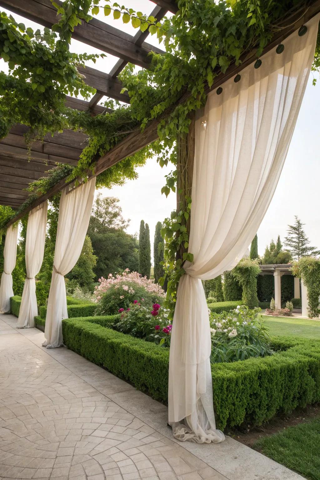 Pergolas with curtains offer adjustable elegance and protection.