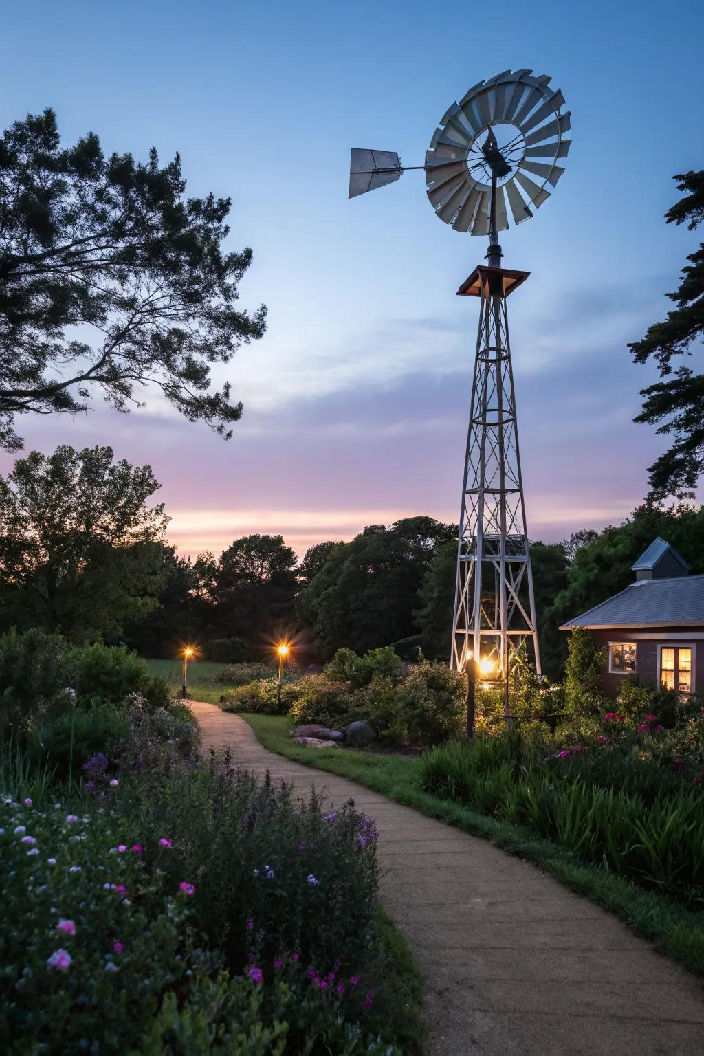 Enchanting solar-powered windmill lighting up the night.