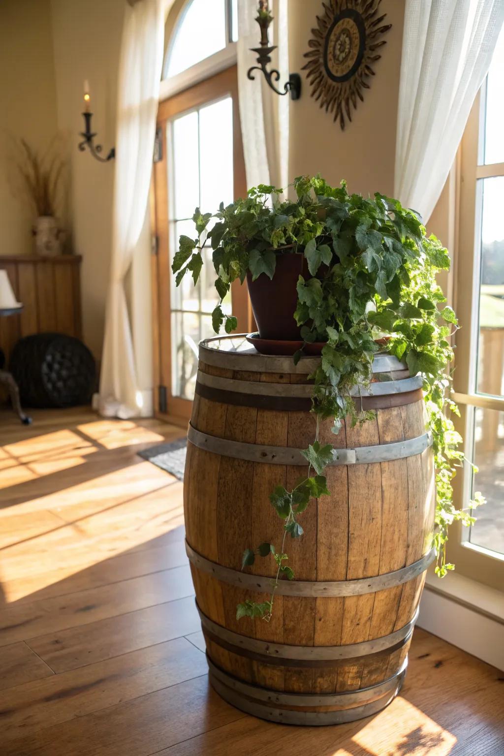 Elevate your greenery with a wine barrel plant stand.