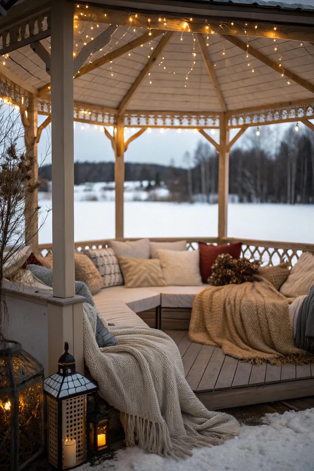 Thick textiles provide warmth and comfort in your winter gazebo.
