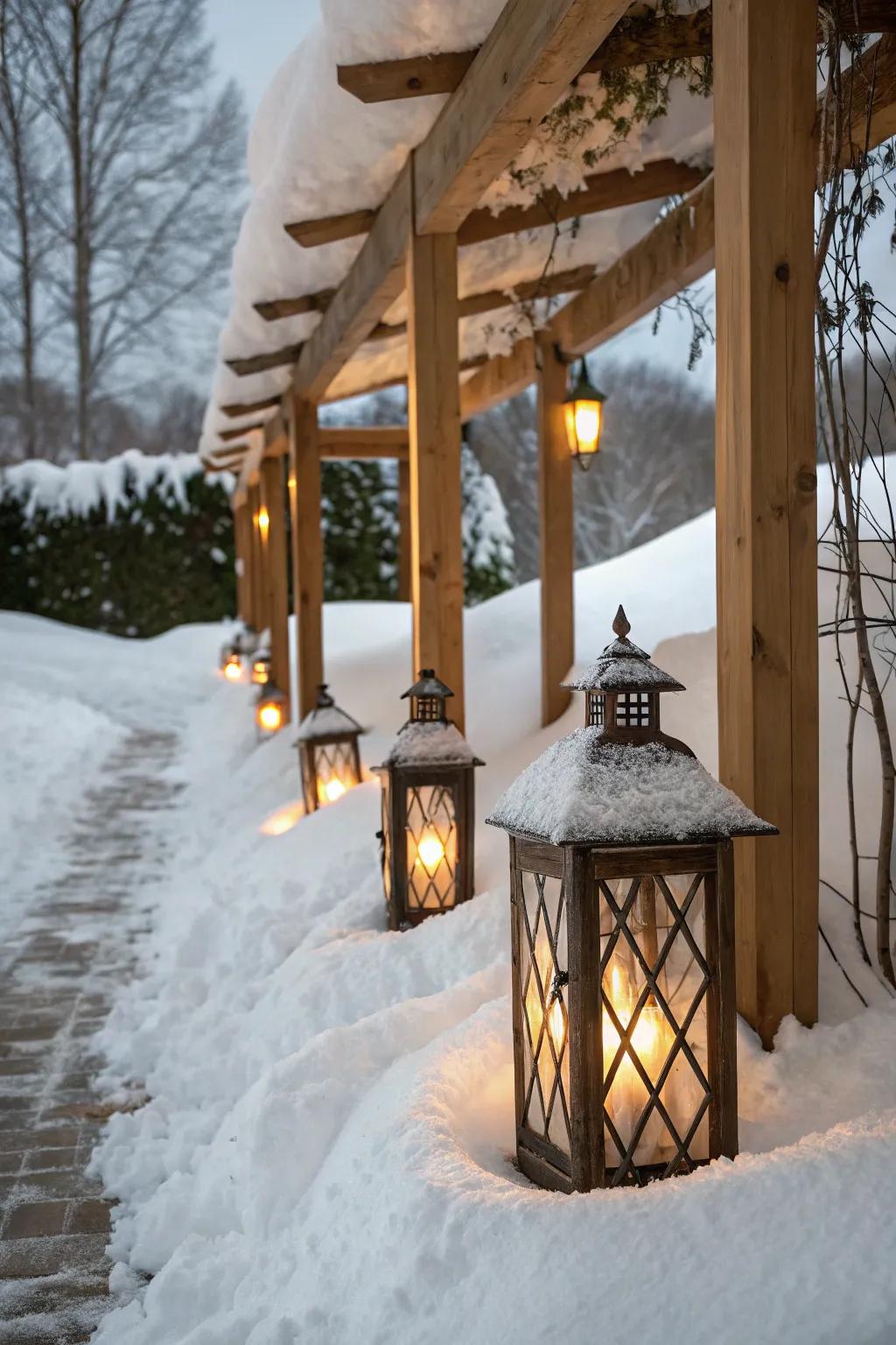 Lanterns cast a warm glow around a winter pergola.