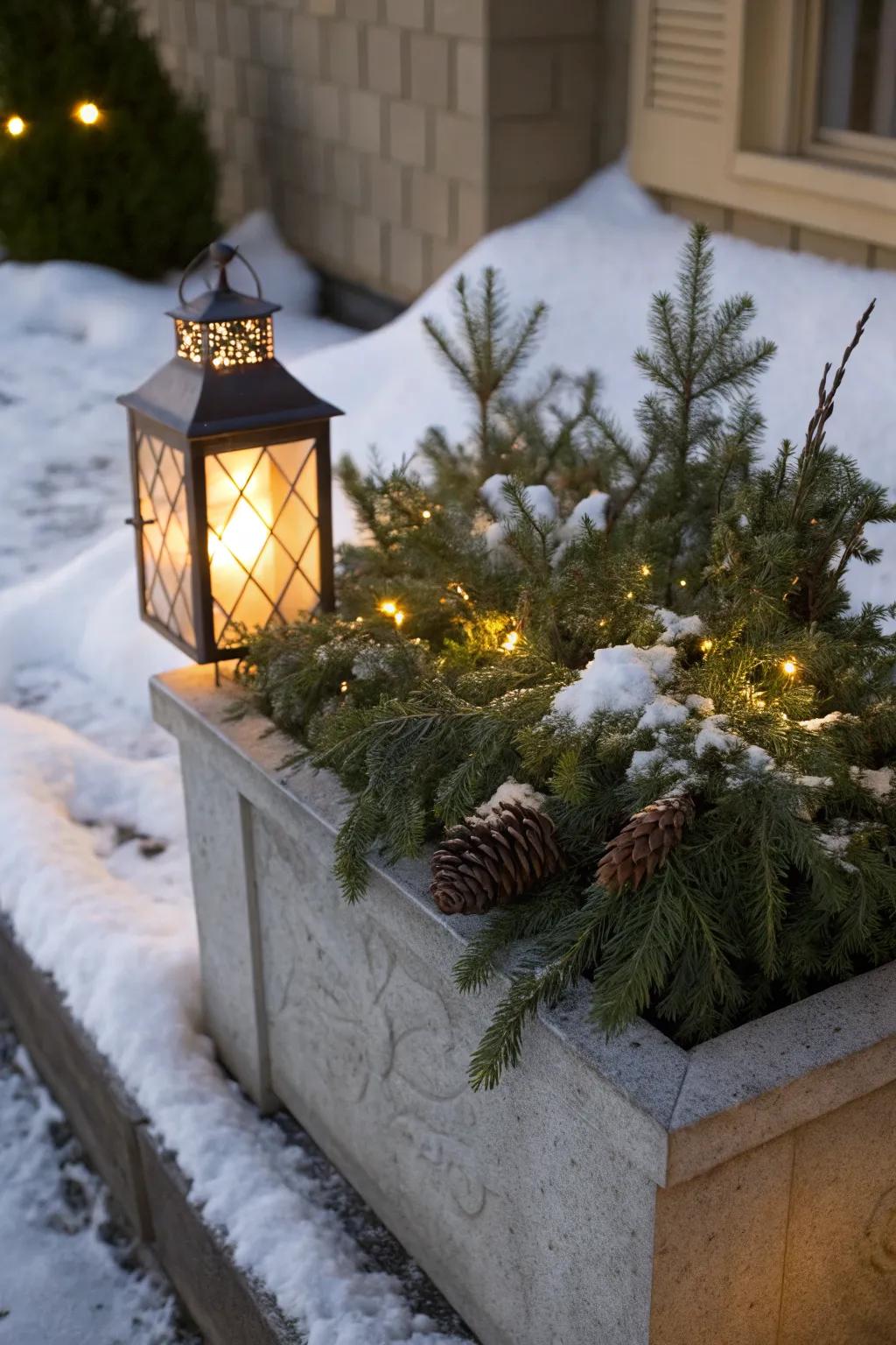 Lanterns add warmth and light to winter displays.