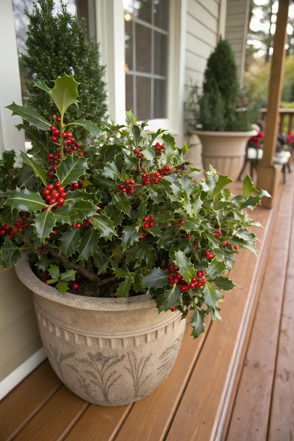 Holly adds a festive, traditional touch to porch pots.