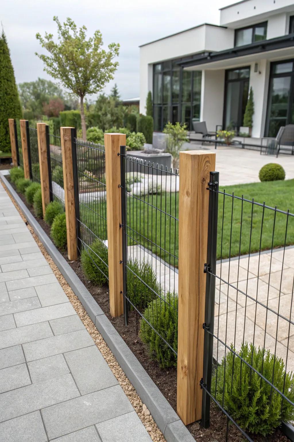 Contemporary black wire fence with wooden posts.