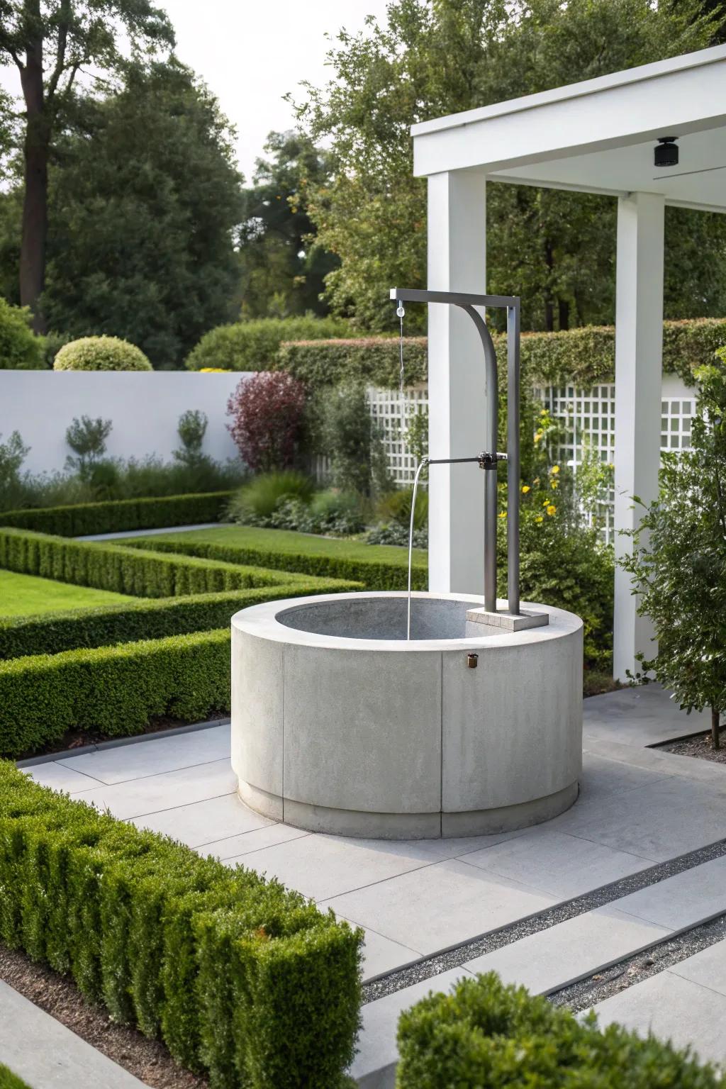 A modern minimalist wishing well, perfect for a sleek garden landscape.