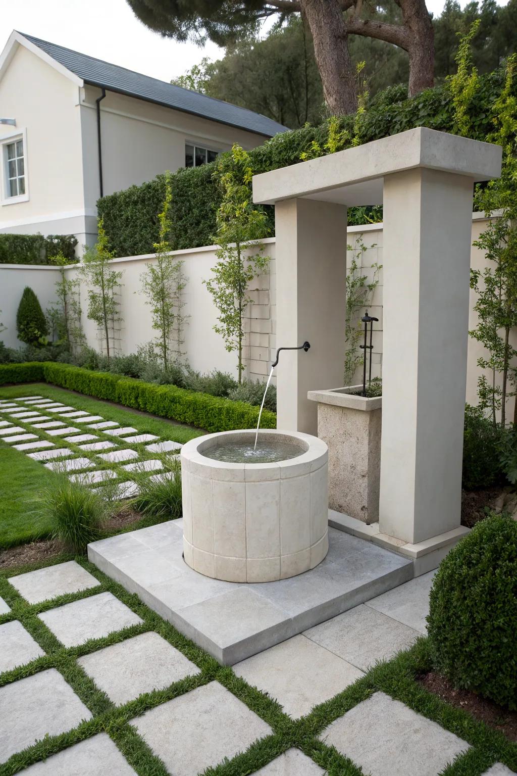 Modern wishing wells fit seamlessly in minimalist gardens.