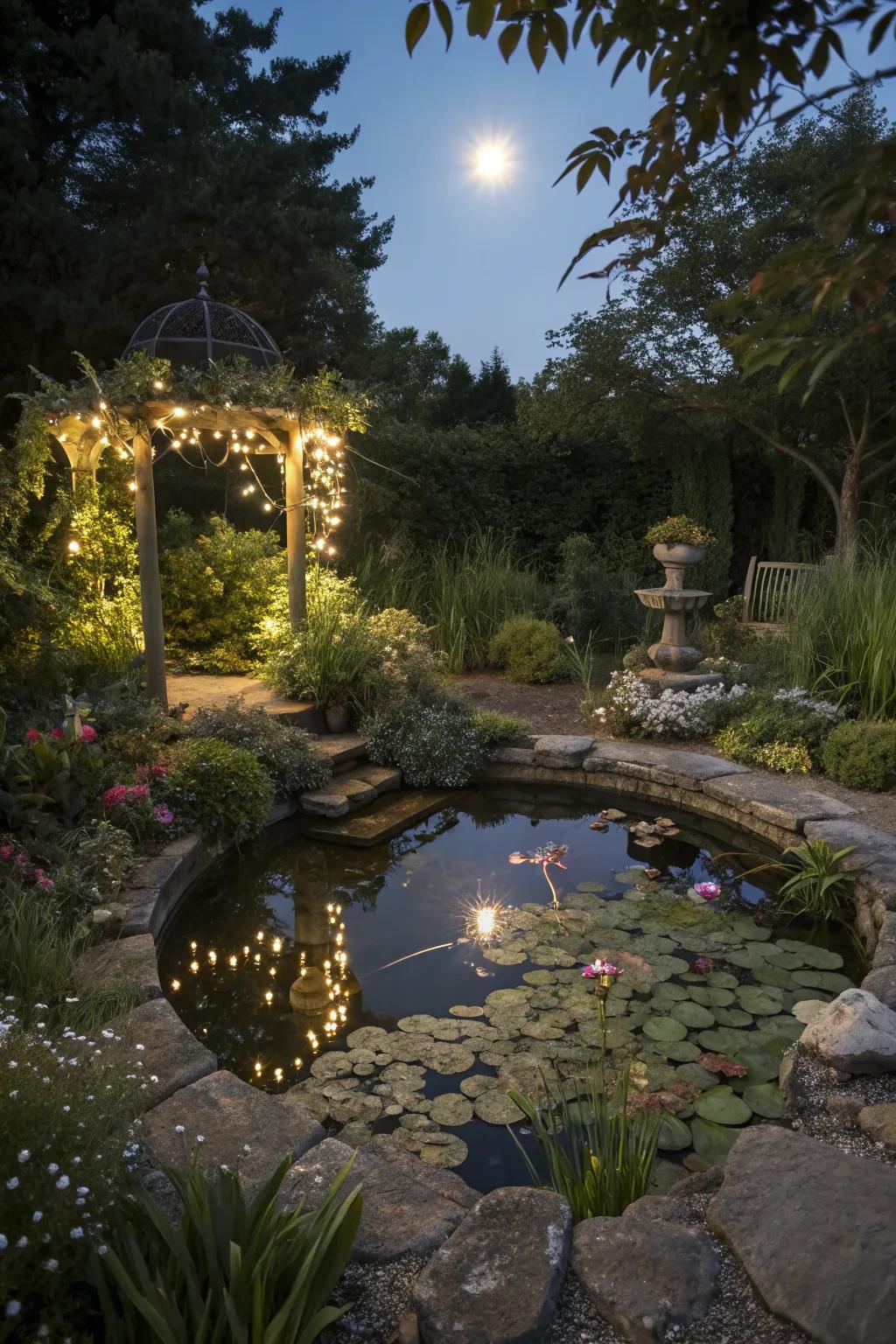 Water features reflect moonlight and add serenity.