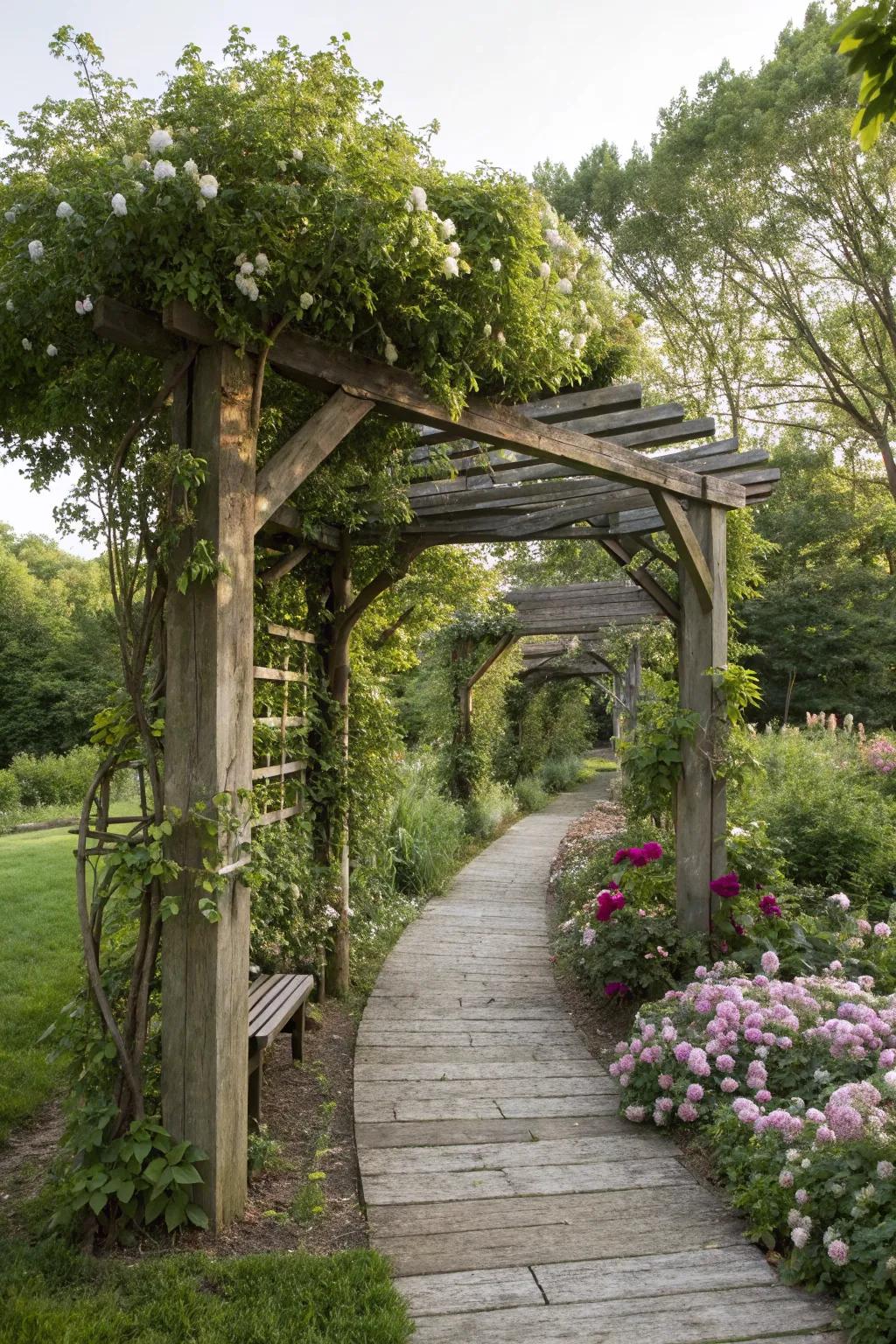 Wooden arbor harmoniously blended into a natural garden landscape.