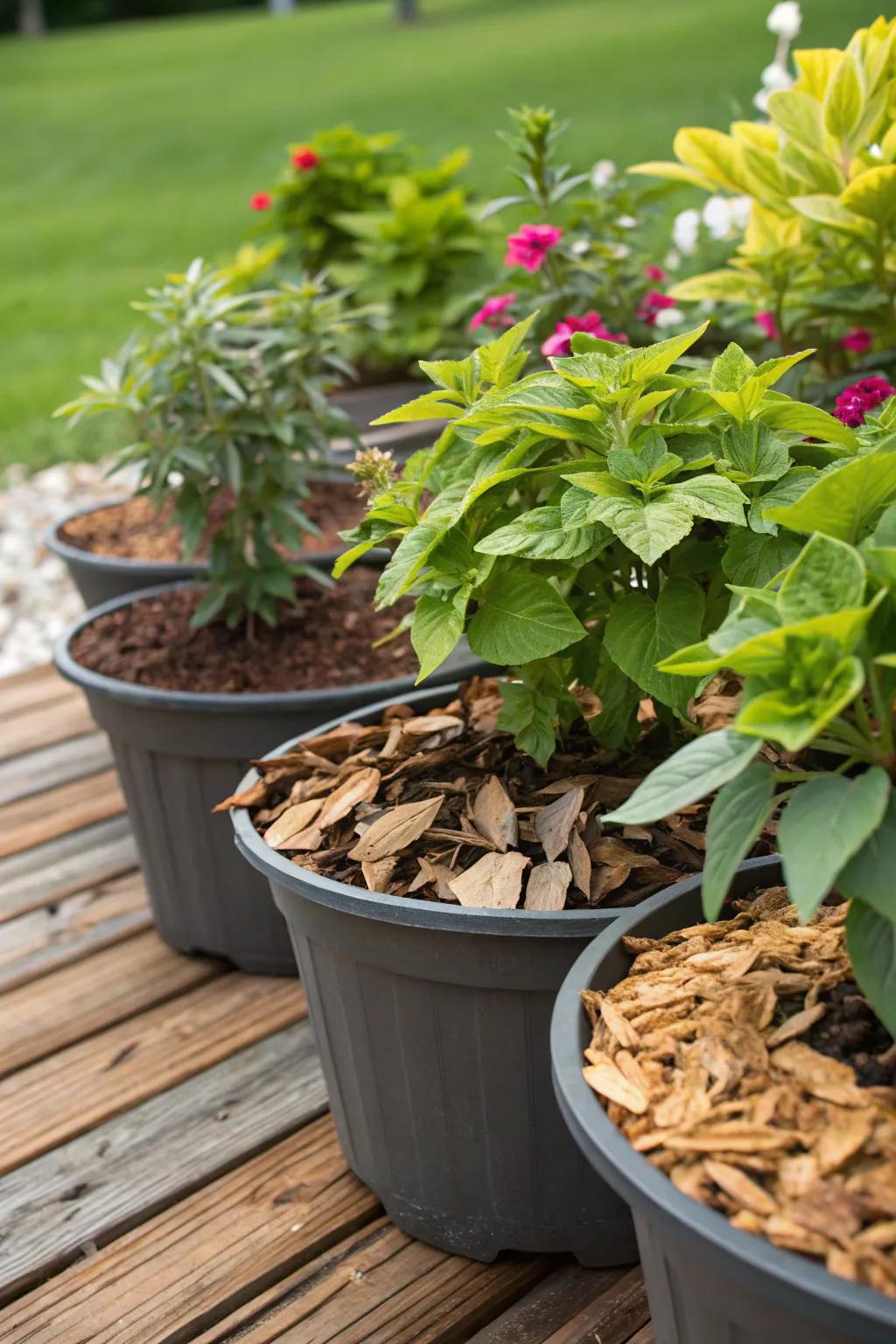 Thriving container garden with wood chip mulch.