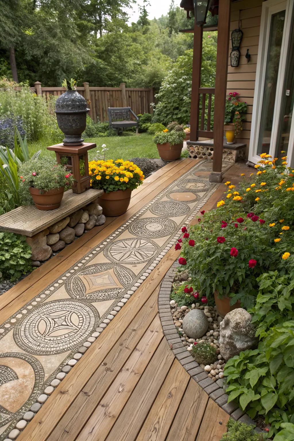 Pebble mosaics add a whimsical, artistic touch.