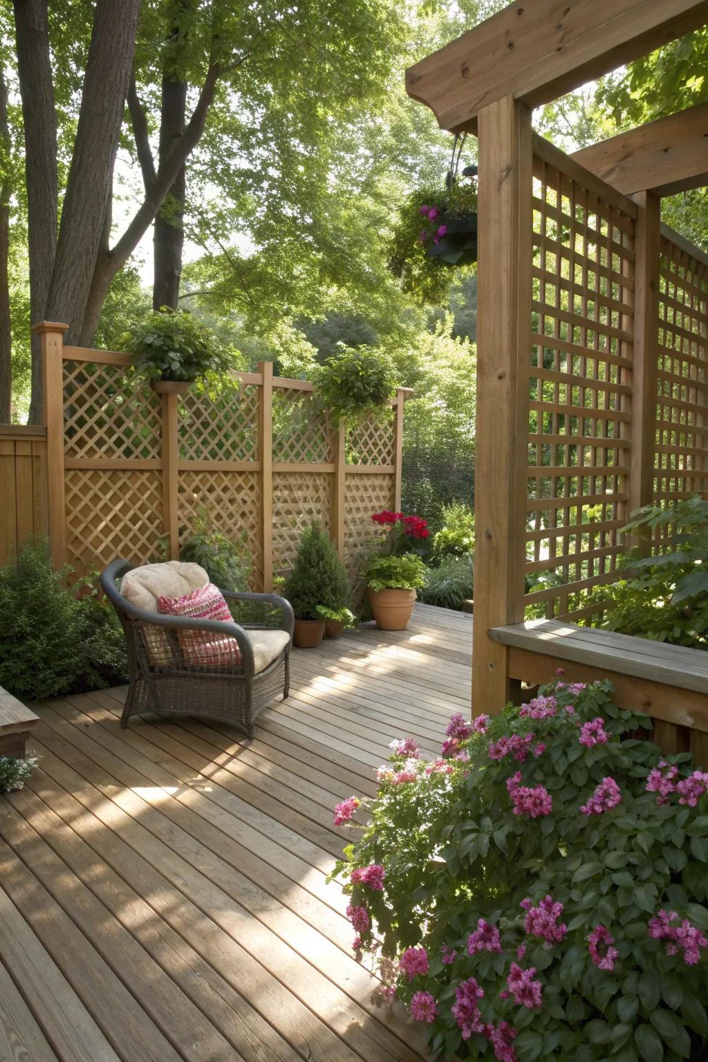 Lattice screens offer privacy while maintaining a decorative touch.