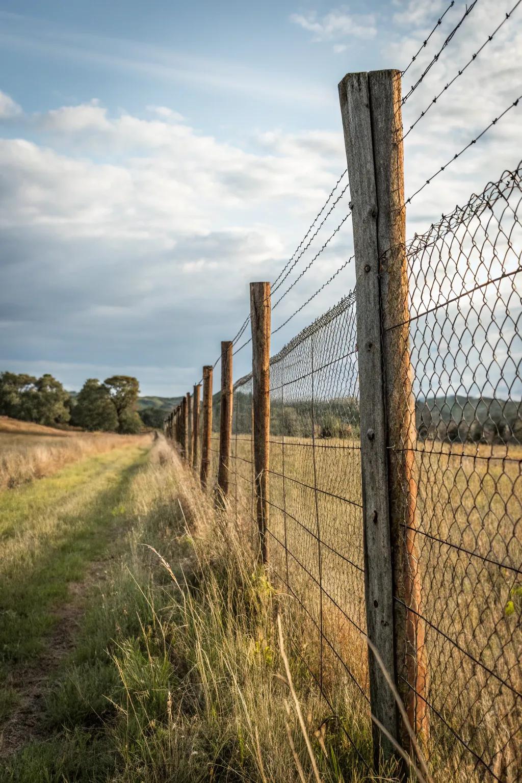 Wood and wire mesh fence with metal posts for a modern industrial look.