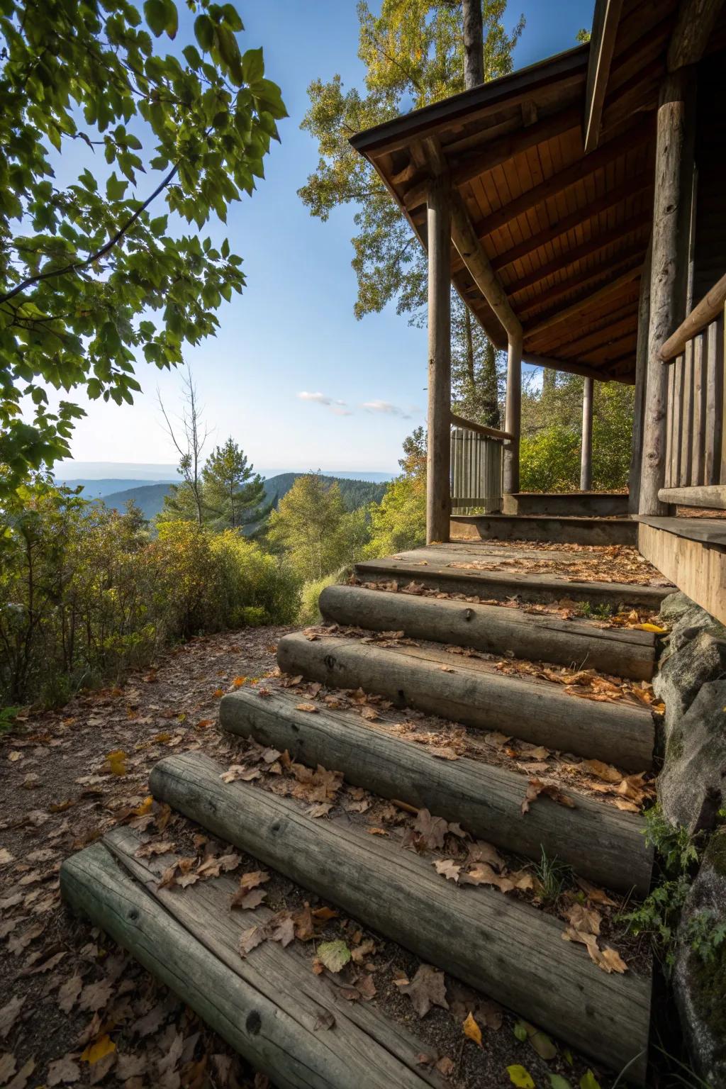 Rustic log steps add a natural charm to your porch.