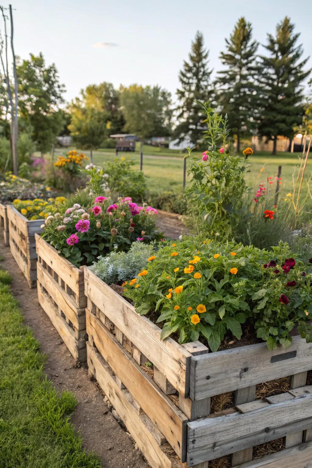 Wooden pallets make for a sustainable and creative garden edging.