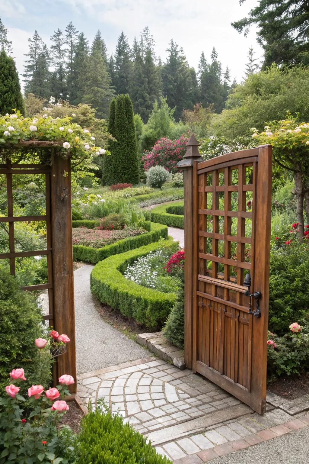 A wooden gate with a decorative grid pattern, adding artistic flair.