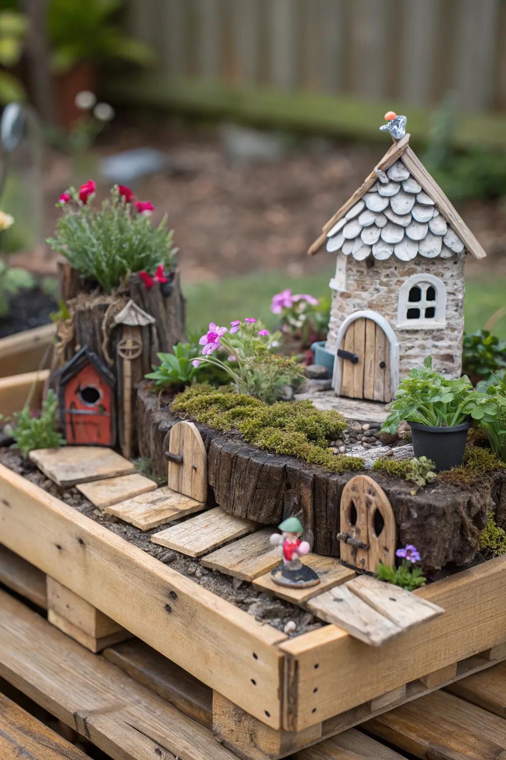 Enchant your garden with a pallet fairy garden.
