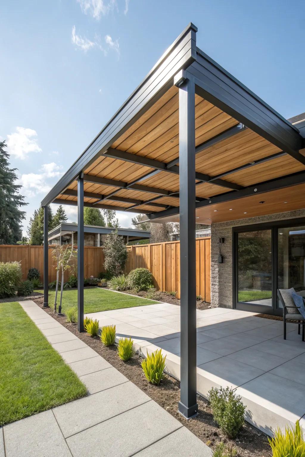 Wood and metal fusion creates a contemporary patio cover design.