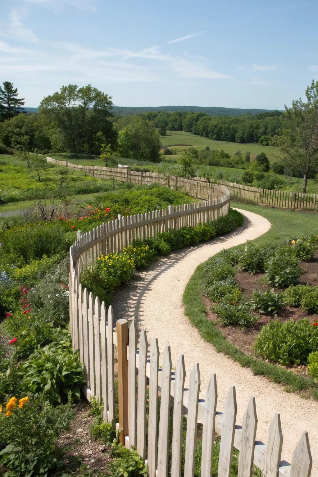 A curved fence line adds movement and intrigue to the garden.
