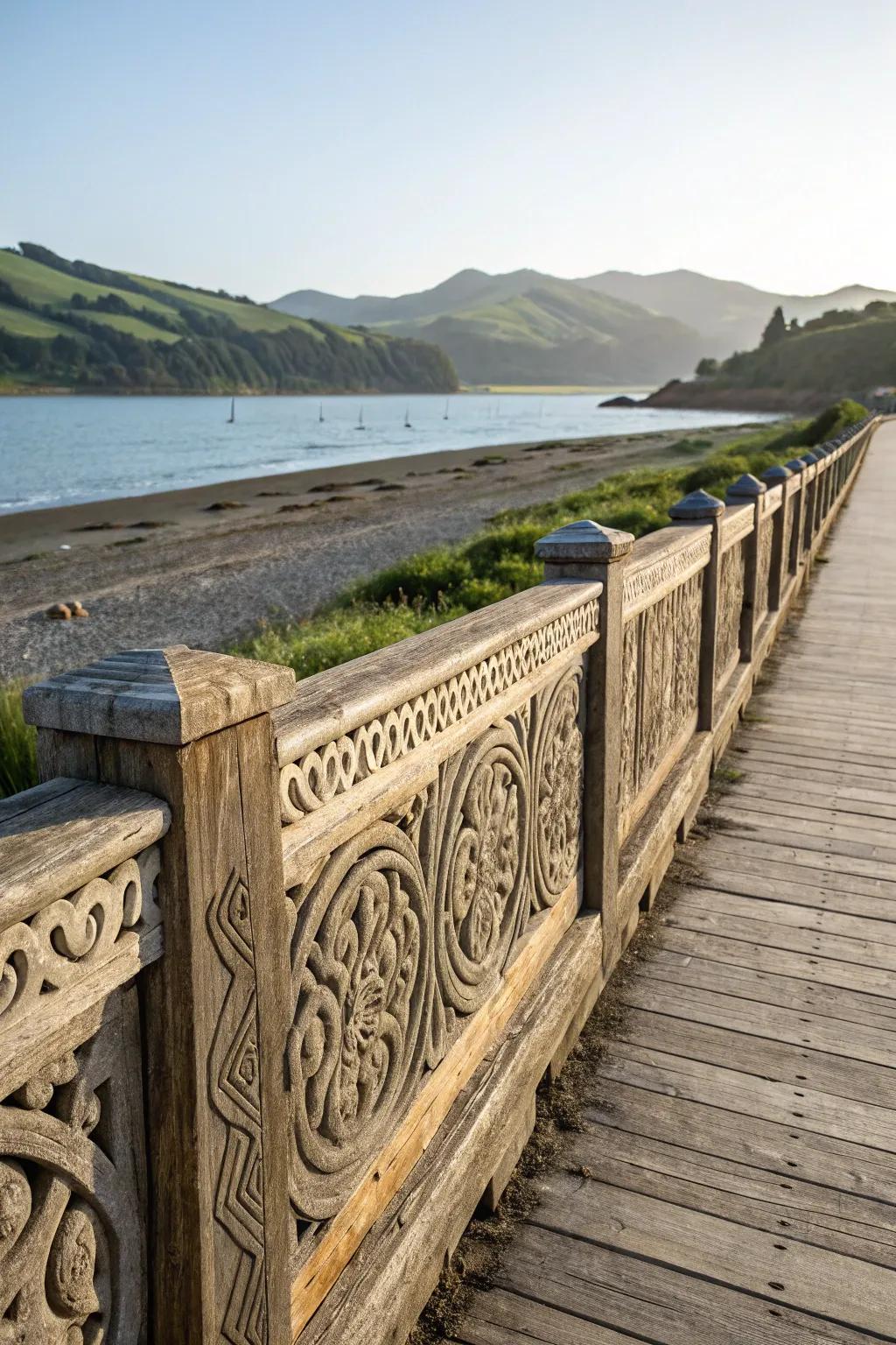 Artistic carvings add a unique touch to this personalized seawall.