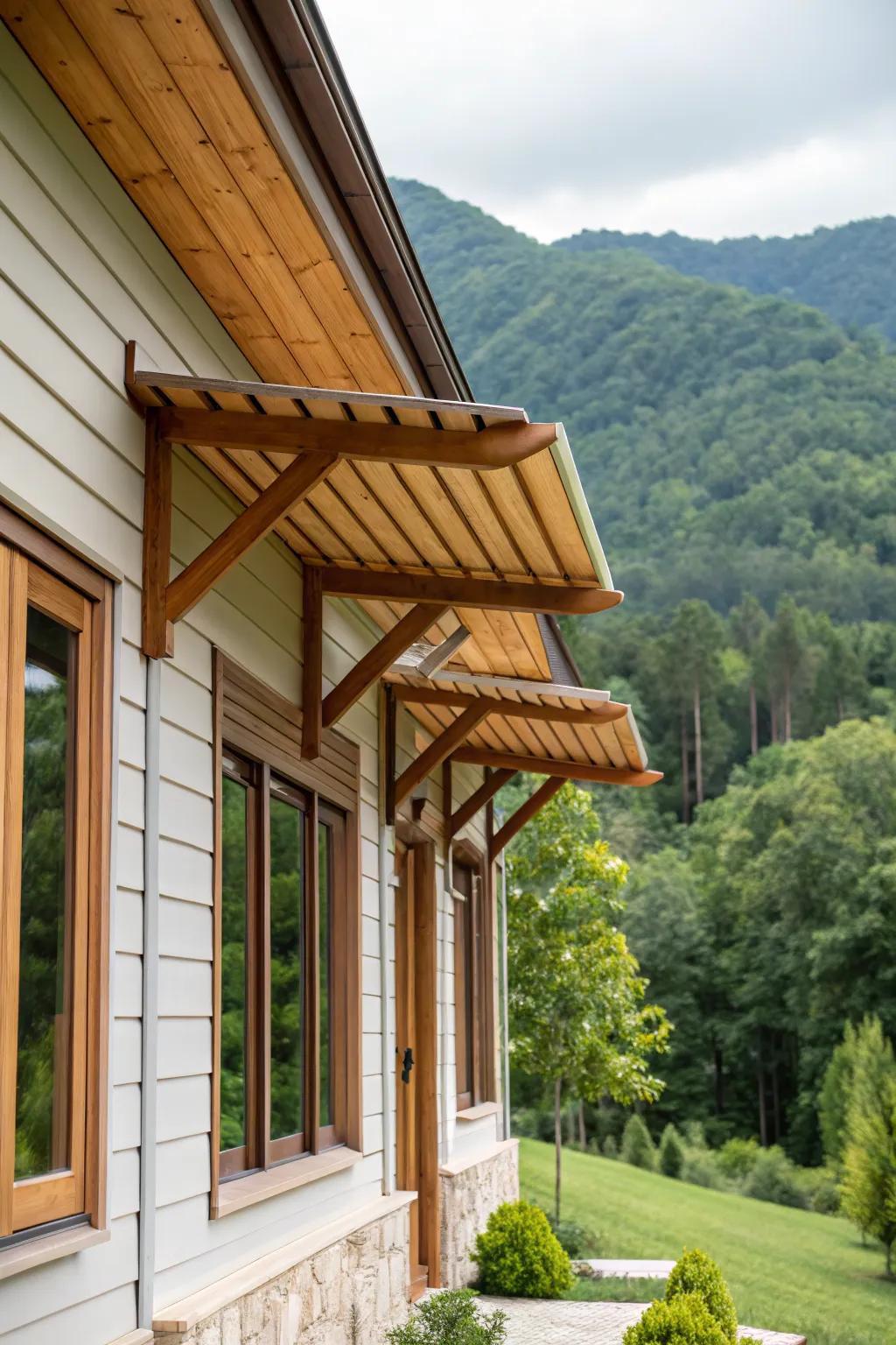 Natural wood grain awnings offer a raw and organic aesthetic.
