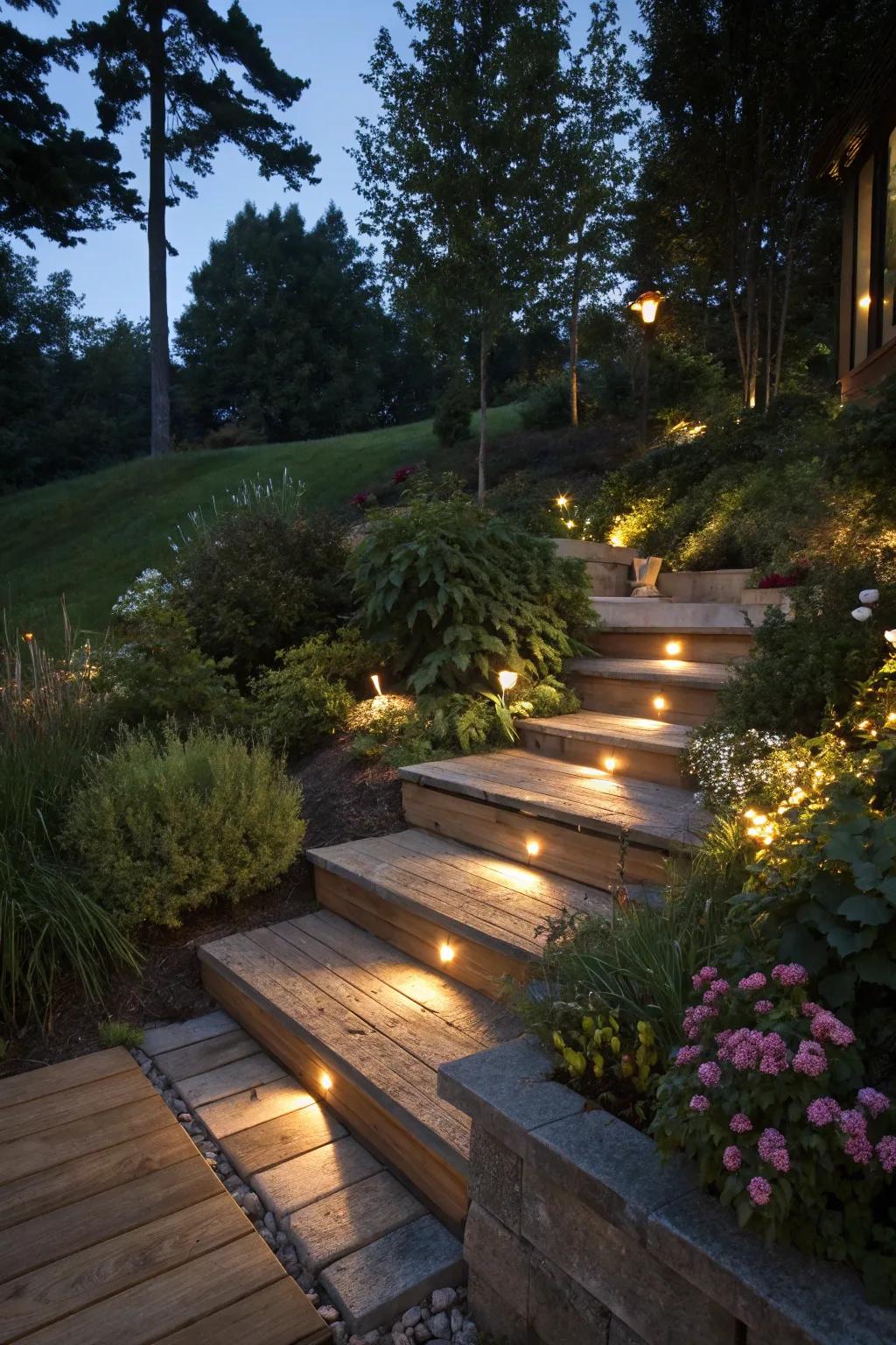 Lighted steps adding a magical glow to the garden at night.